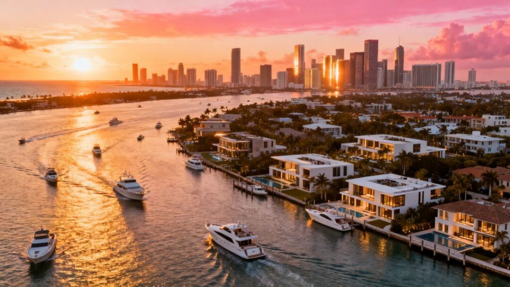 Miami skyline with waterfront homes and ocean.