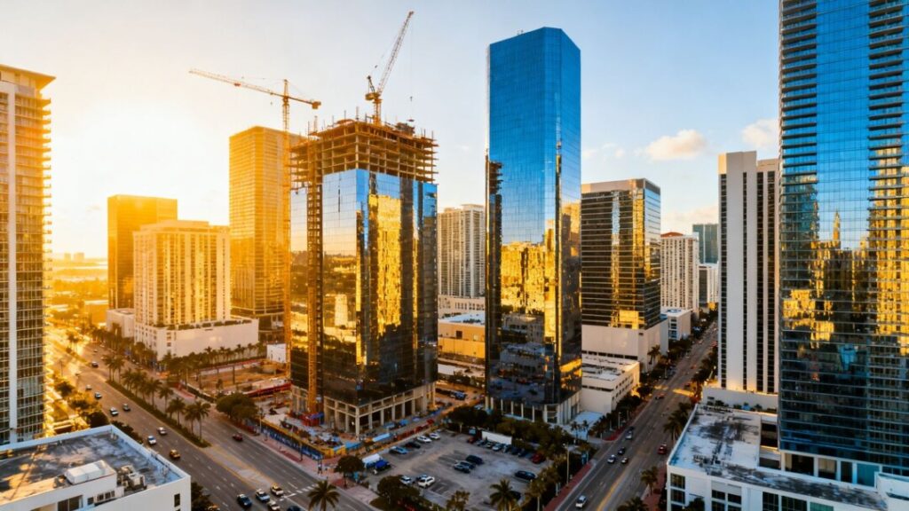 Miami skyline with new construction and office buildings.