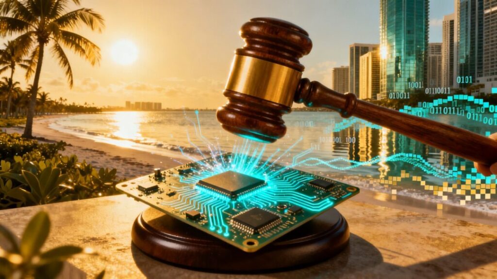 Gavel striking digital circuit board with Florida skyline.