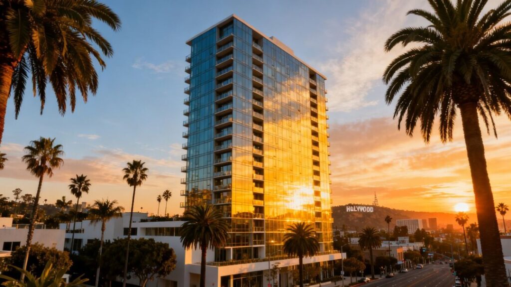 A modern luxury high-rise tower in Hollywood at sunset.