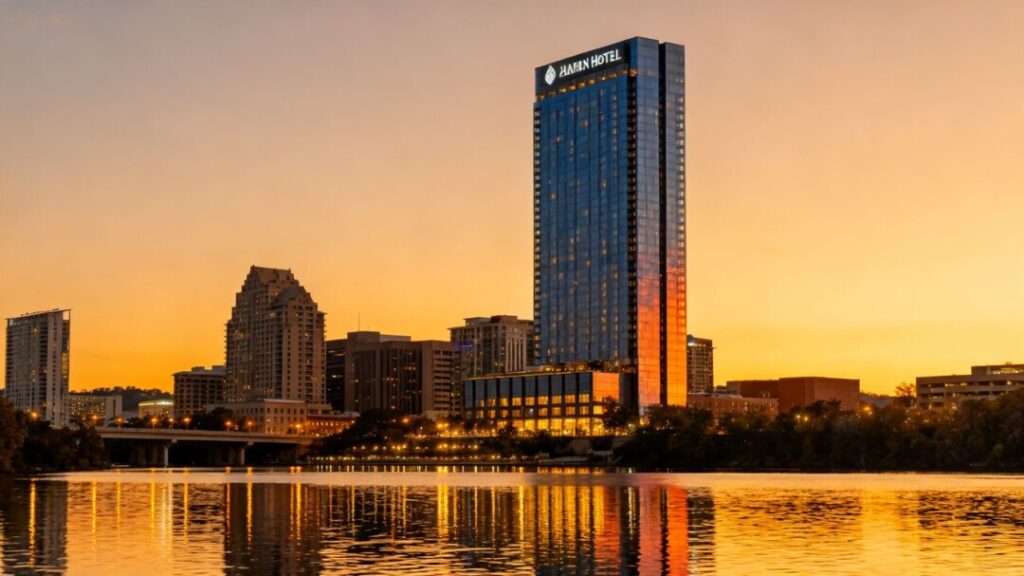 Modern thirty-story hotel skyscraper in the Austin skyline at sunset.