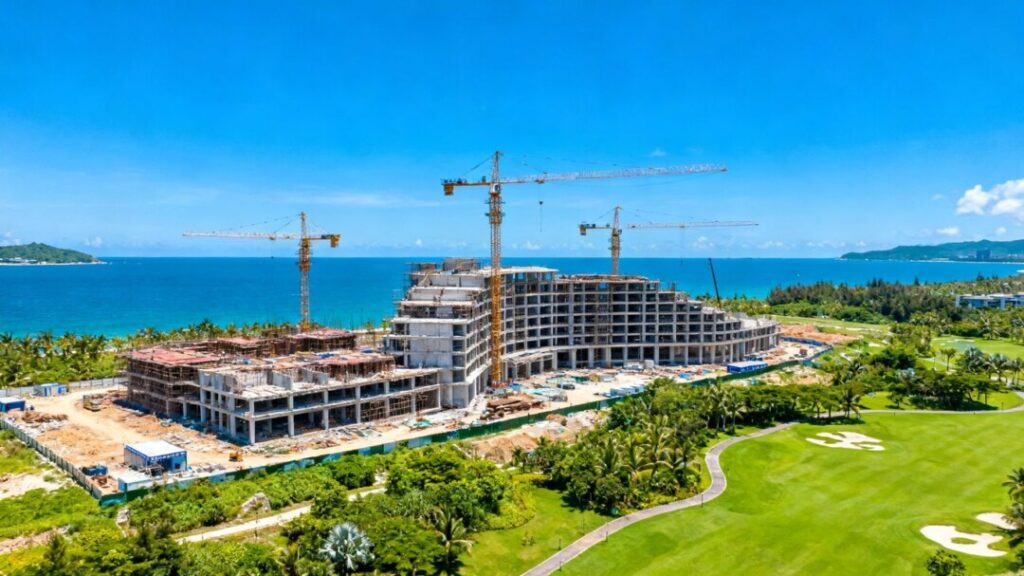 Palm Beach County construction site with cranes and ocean view.