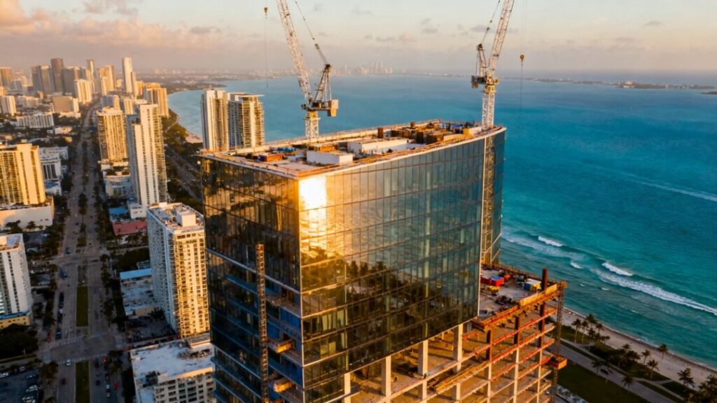 Miami skyscraper construction with ocean view.