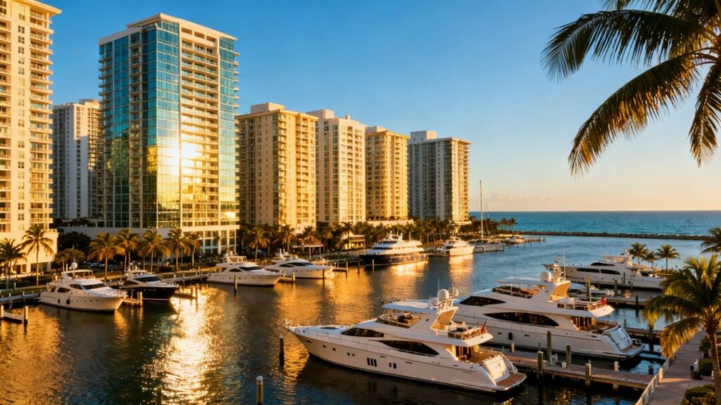 Florida coastline with luxury condos and yachts.