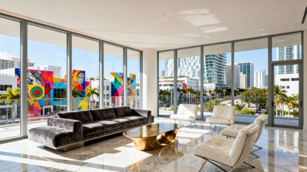 Miami Design District luxury condo with skyline view.