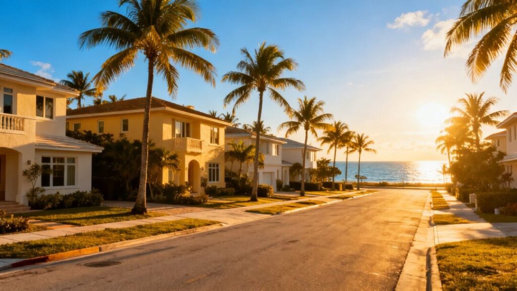 Miami homes with palm trees and ocean view.