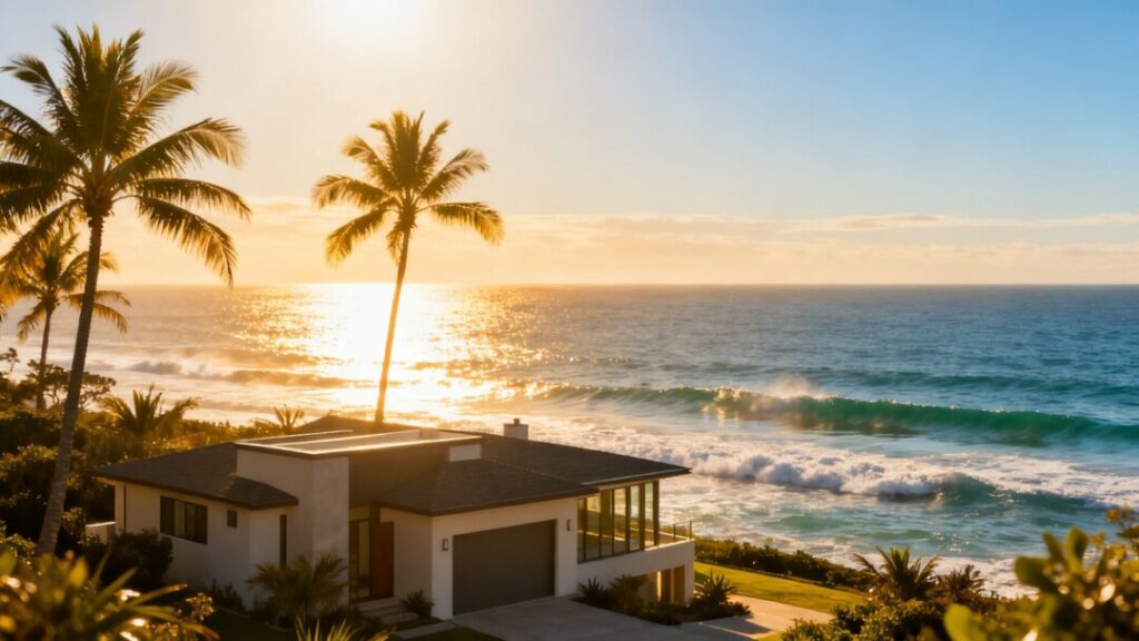Florida coastline with a house and palm trees.