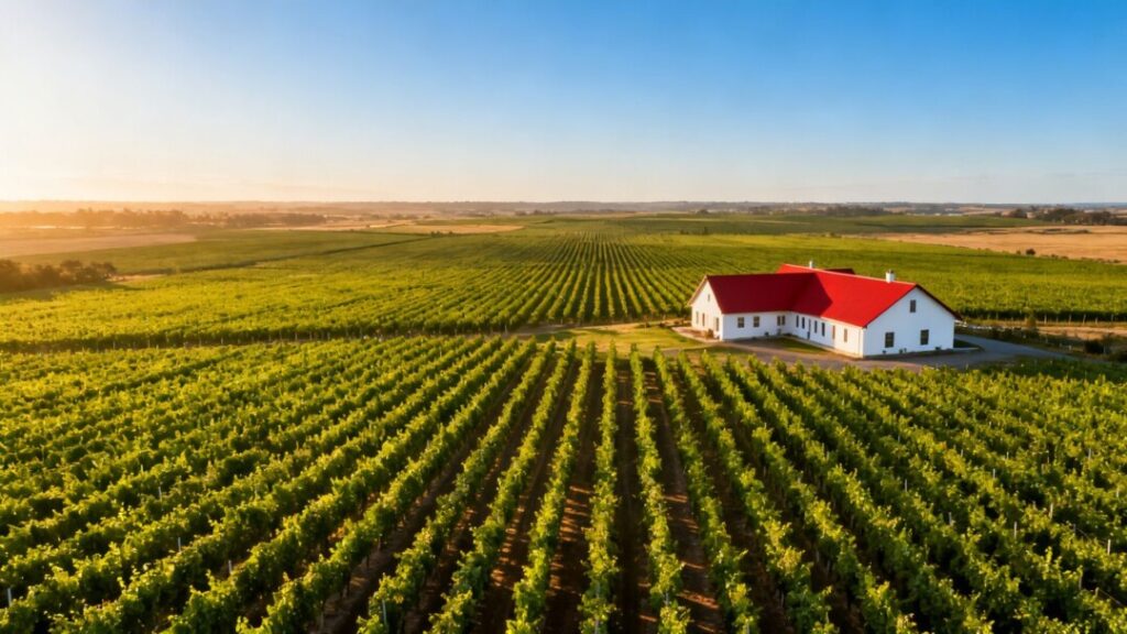 Vast farmland with a large farmhouse.