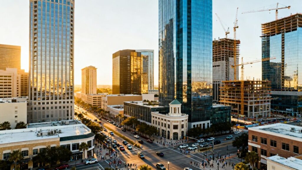 Tampa cityscape with construction cranes and skyscrapers.