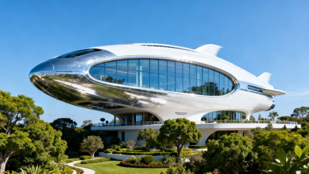 Futuristic spaceship-like building with large windows and green surroundings.