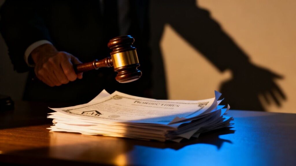Gavel striking property deeds, legal battle over real estate.