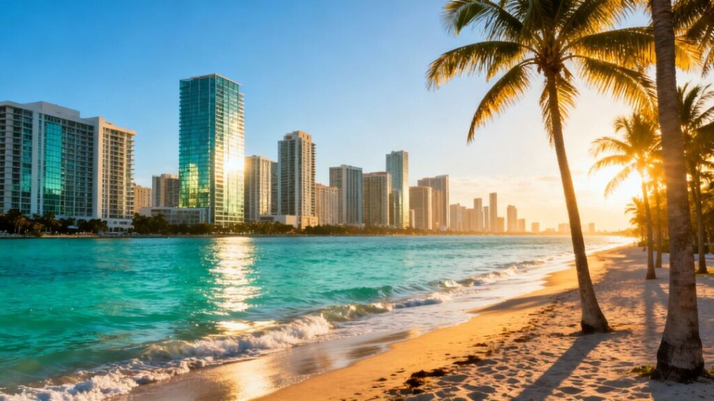 Miami Beach condos with ocean and palm trees.