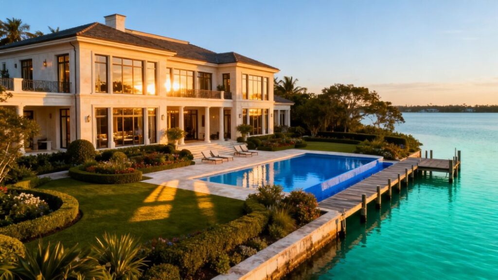 Luxury mansion with pool and waterfront view.
