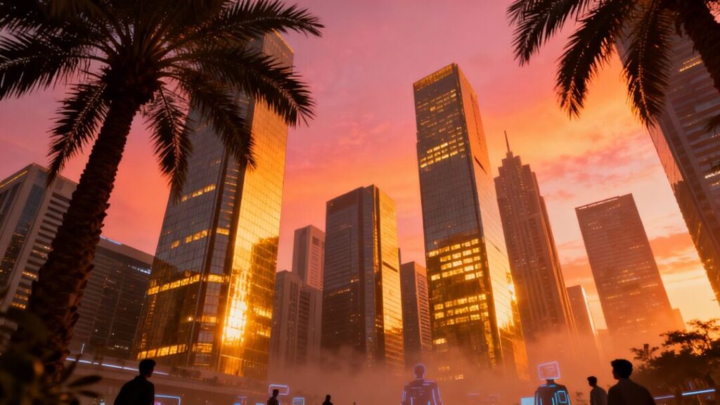 Miami skyline with palm trees and a sunset glow.