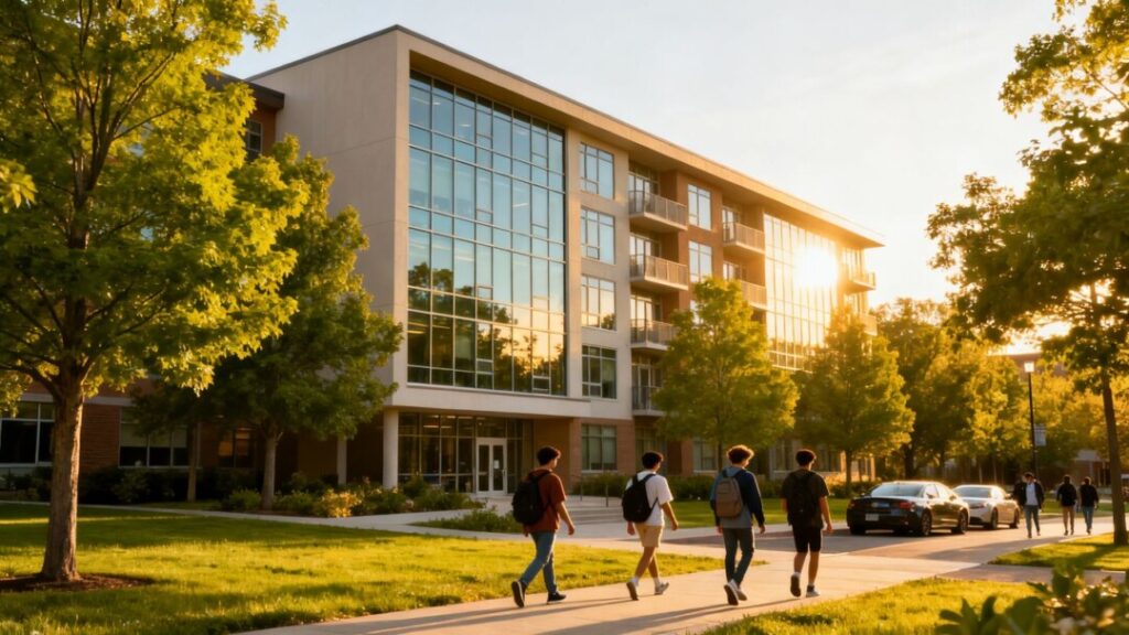Florida apartment building with students and trees.