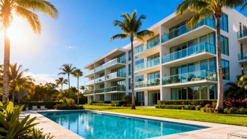 Modern luxury condominium building with palm trees in West Palm Beach.