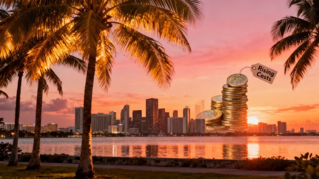 Miami skyline with palm trees and rising cost imagery.