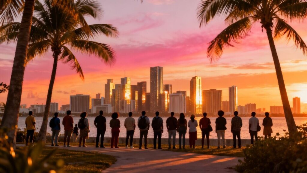 Miami skyline with people migrating towards it.