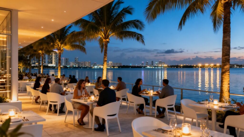Modern waterfront restaurant patio in Edgewater overlooking Biscayne Bay.