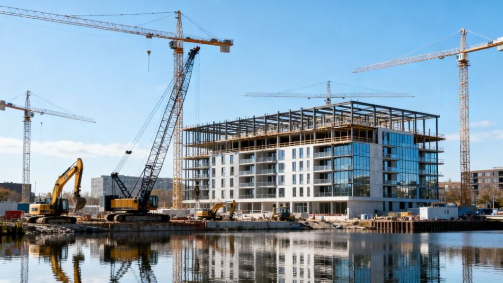 Icon Beach Waterfront Residences construction site with cranes and water.
