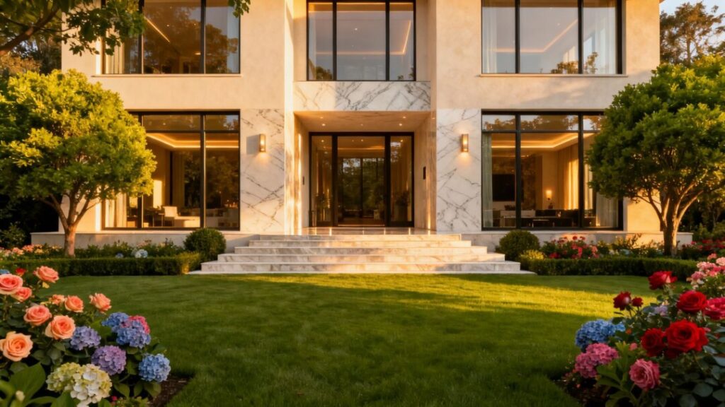 Luxury home exterior with manicured lawn and elegant landscaping.
