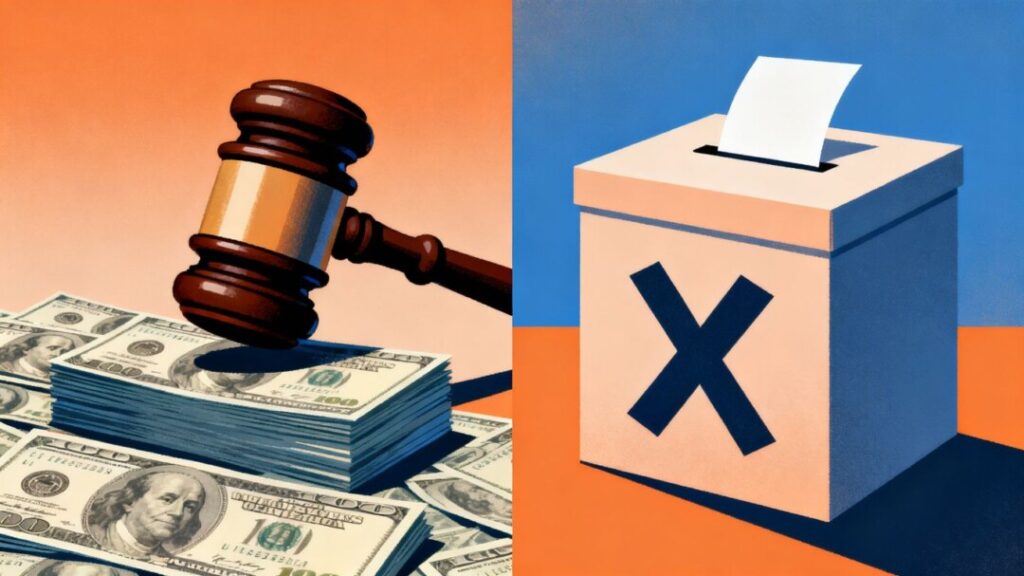 Gavel, money, and ballot box symbolizing property tax changes.