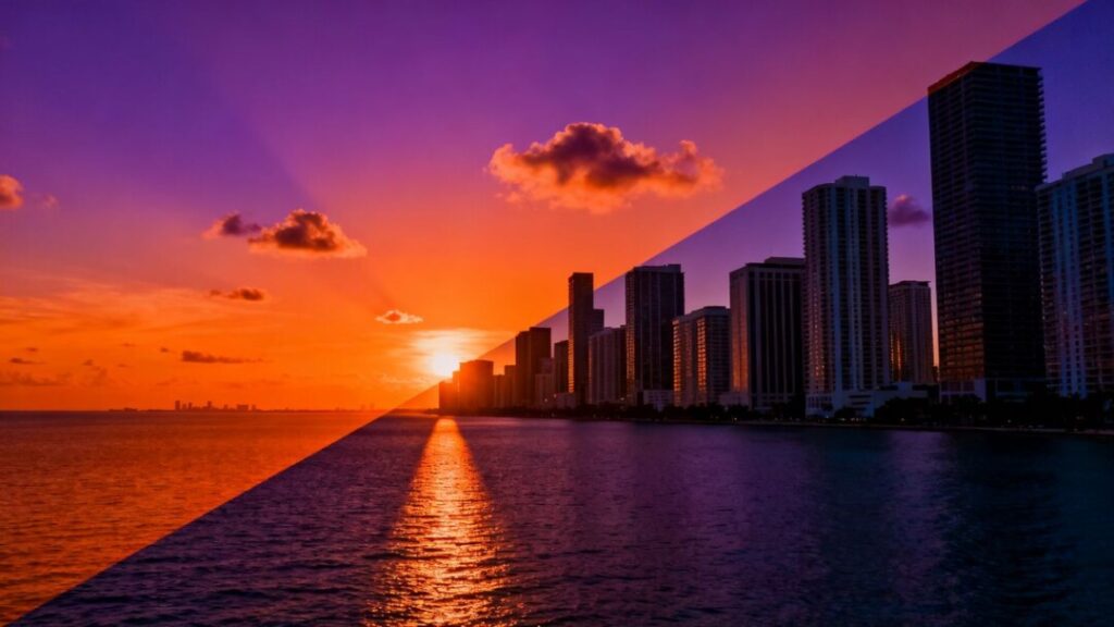 Miami skyline with a sharp downward trend line.