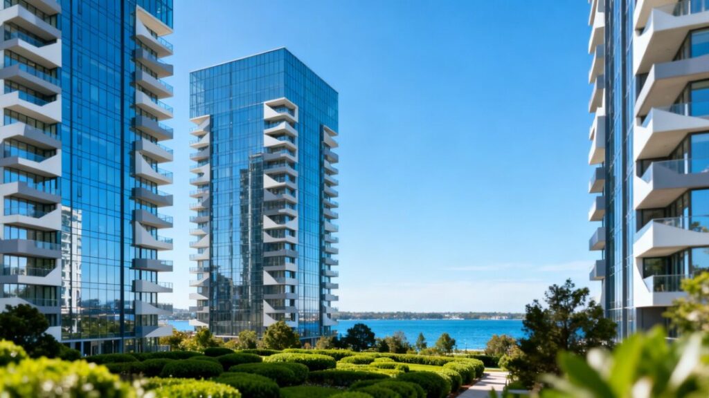 DiVosta Towers high-rise apartment complex with waterfront view.