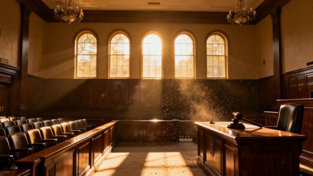 Courthouse interior with judge's bench and gavel.
