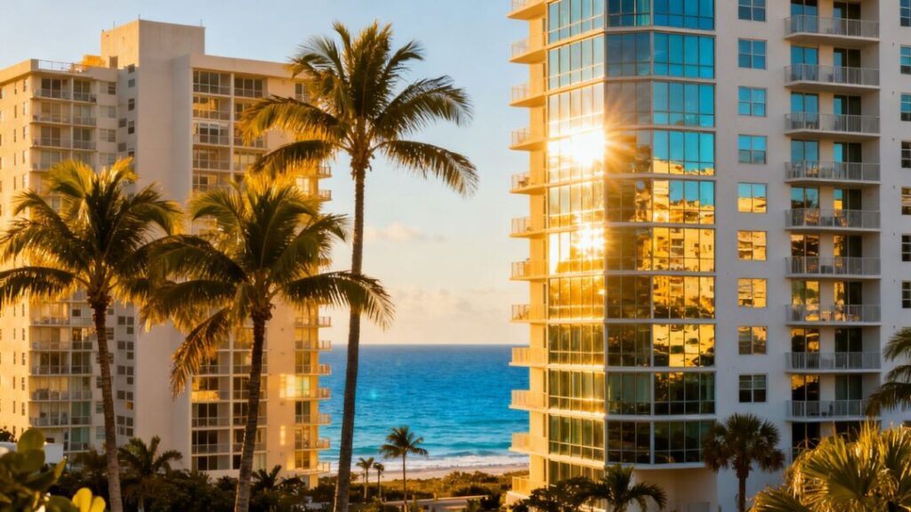 Florida coast with new apartment buildings and palm trees.