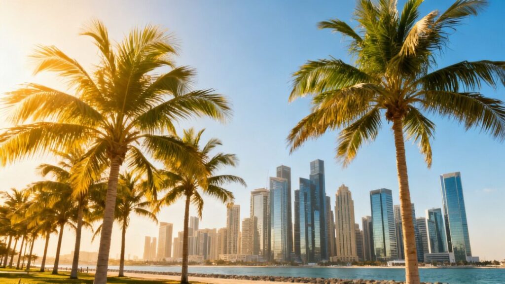 South Florida coastline with palm trees and modern buildings.