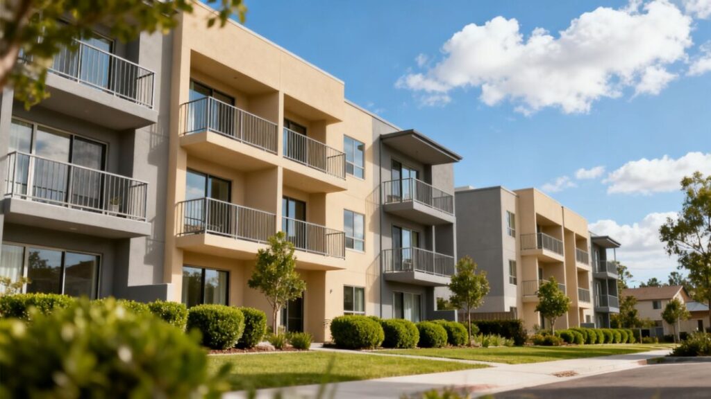 Modern apartment complex in a suburban setting.