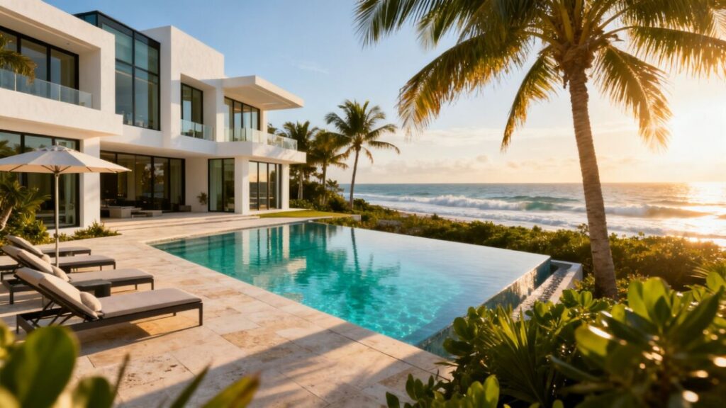 Luxury mansion with infinity pool on South Florida coast.