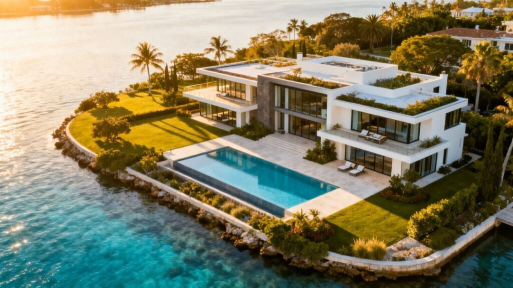 Star Island mansion with pool and waterfront views.