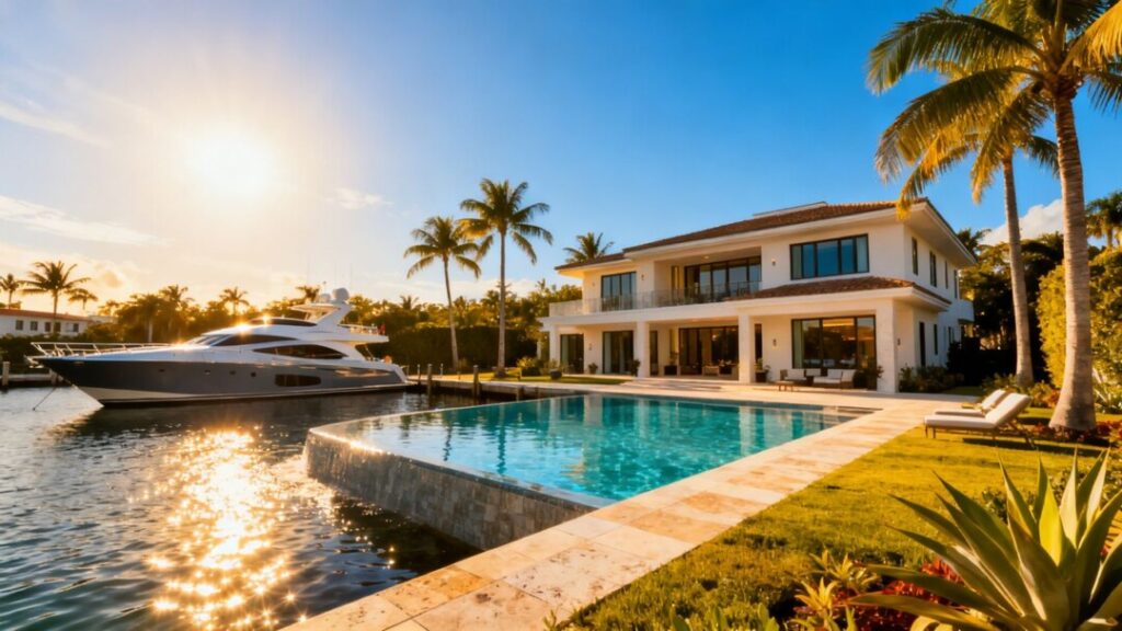 Miami luxury mansion with pool and yacht.