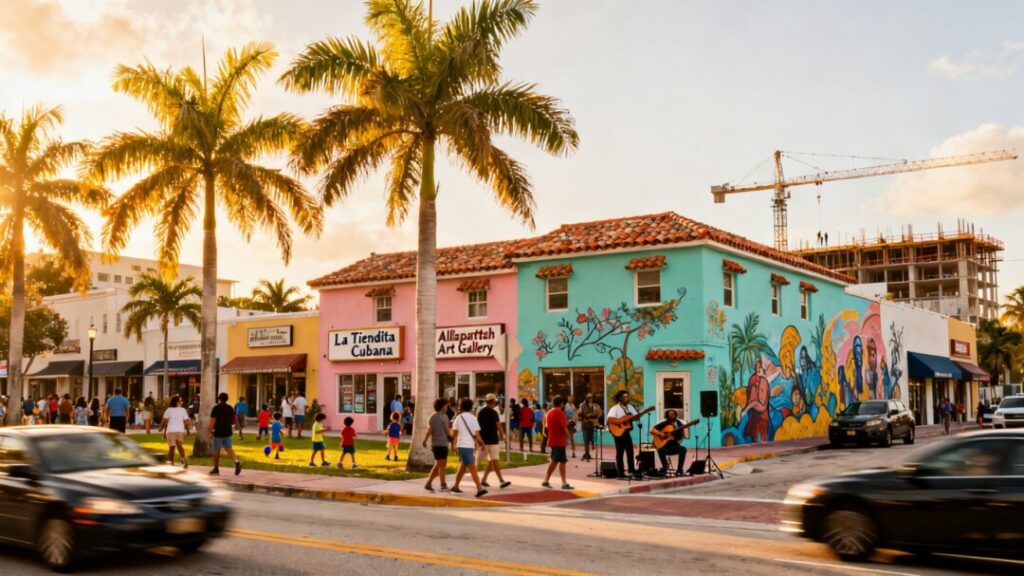 Miami's Allapattah neighborhood street scene with colorful buildings.