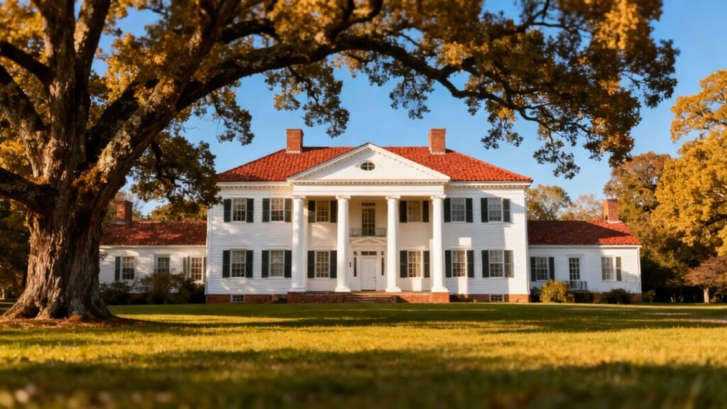 Historic colonial mansion with lush green lawns.