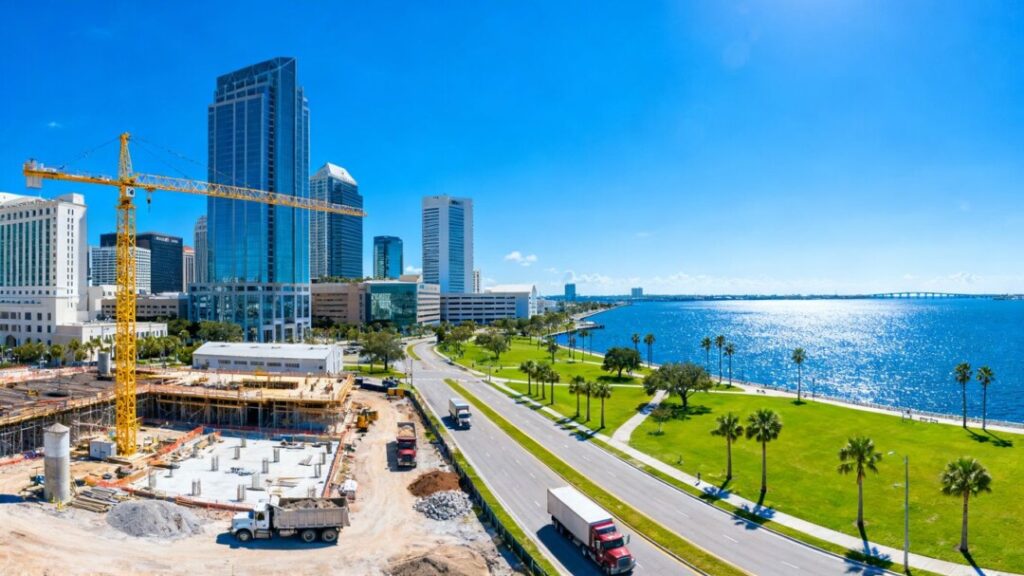 Tampa skyline with active construction cranes and modern buildings.