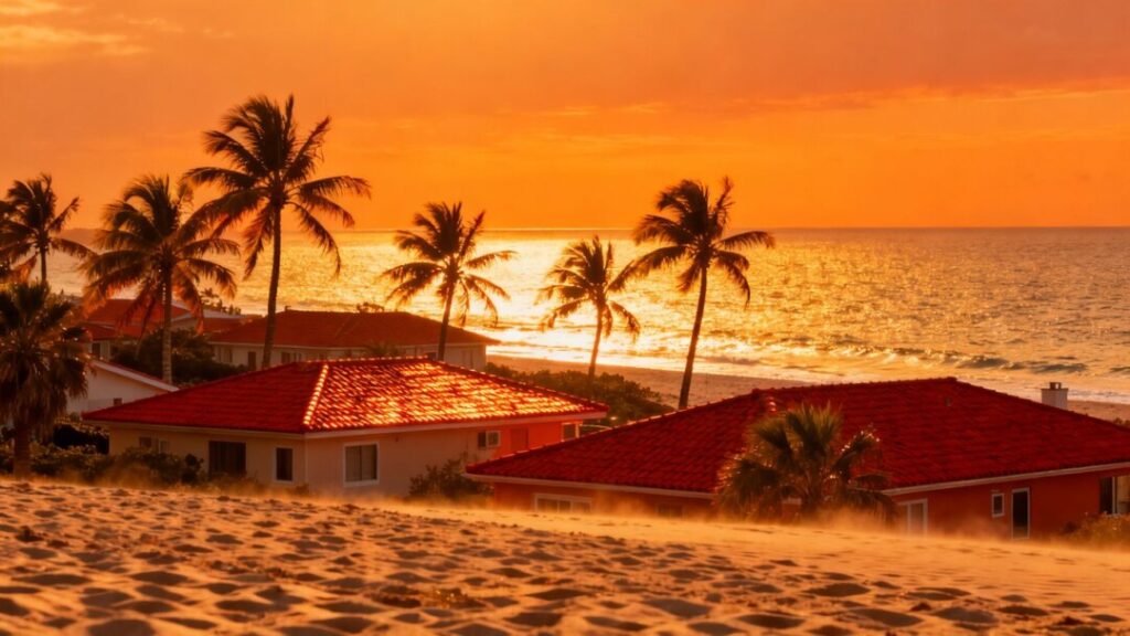 Florida homes against a sunset sky.