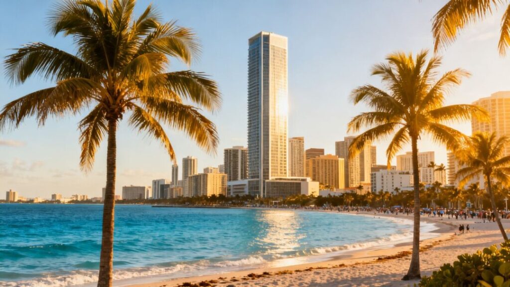 Florida coastline with skyscraper and palm trees.