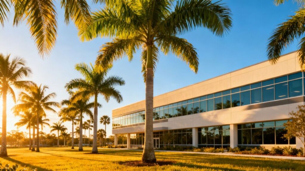 Florida landscape with office building and palm trees.