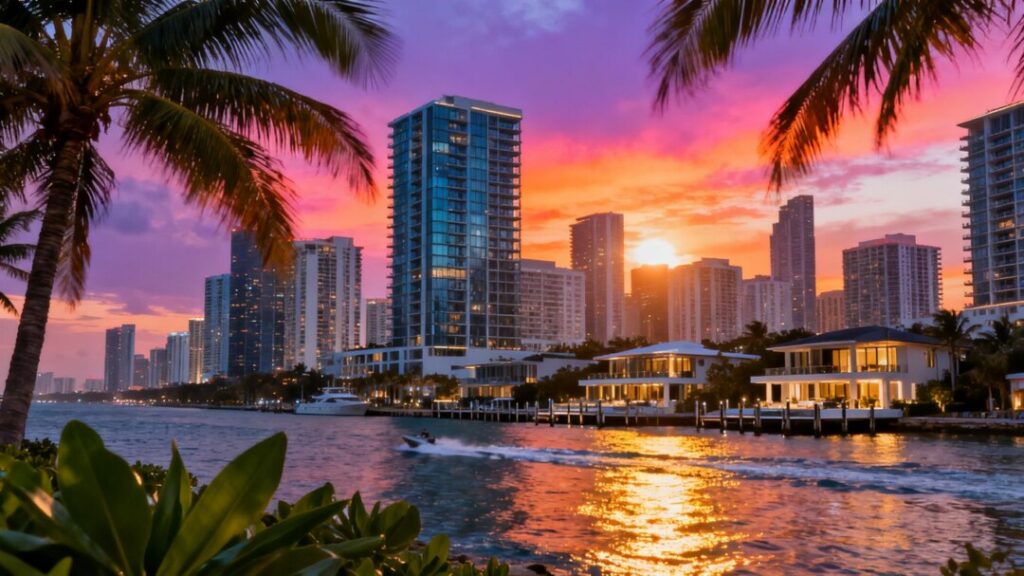Miami skyline with modern buildings and waterfront homes.
