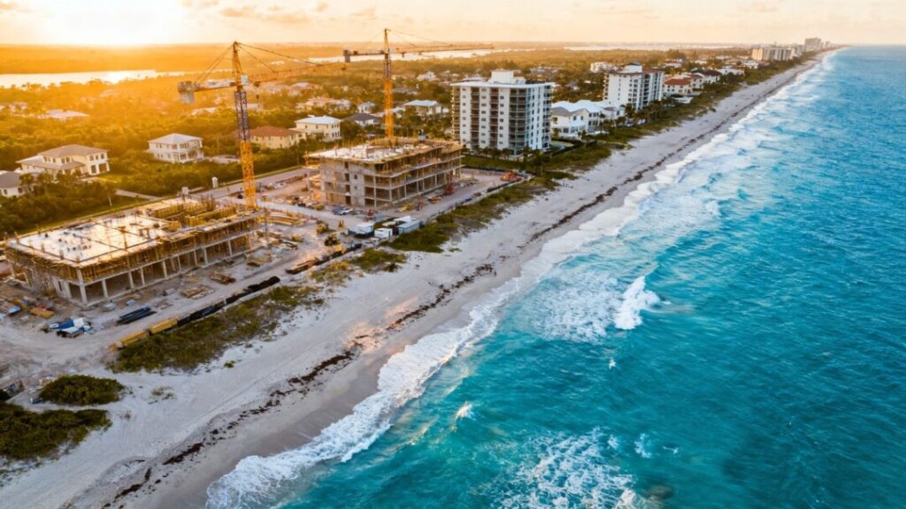 Florida coast with new construction and blue ocean.