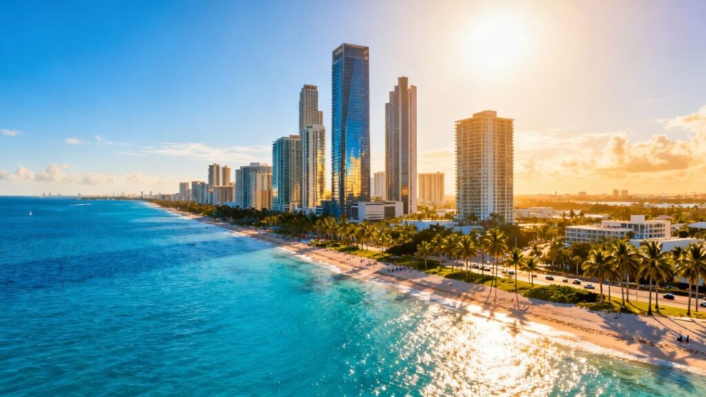 Miami skyline with ocean and palm trees under bright sun.