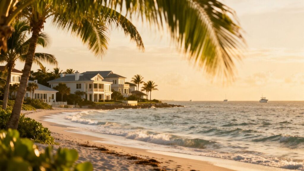 Florida homes along a sunny coastline with palm trees.