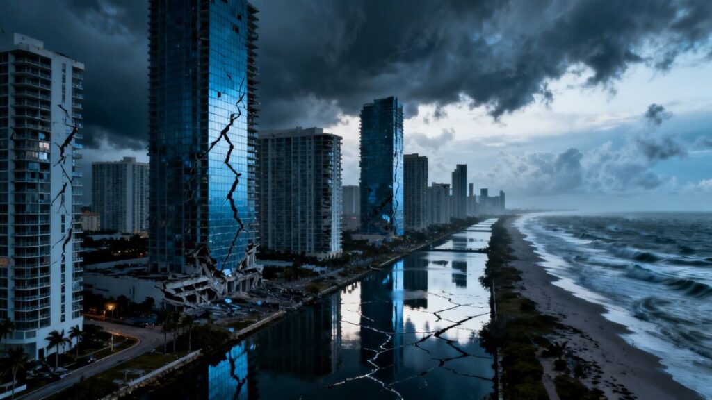 South Florida condos with visible structural cracks against the skyline.