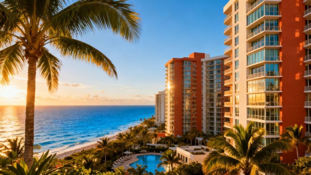 Miami skyline with luxury condos and ocean view.