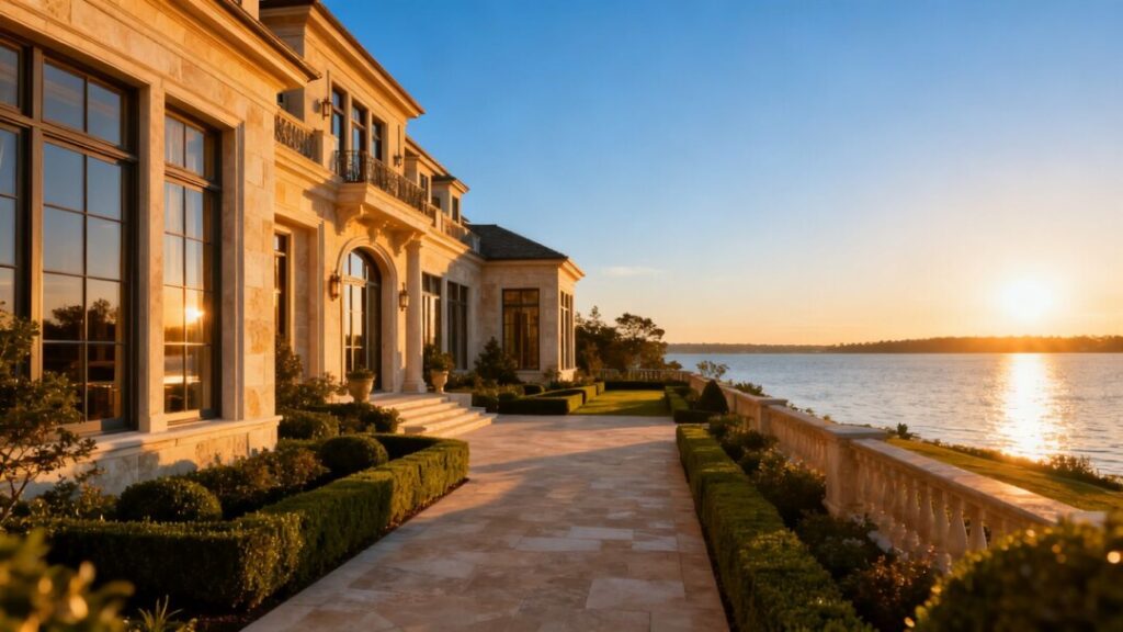 Luxury Florida mansion with waterfront view.