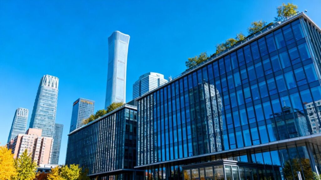 Modern cityscape with skyscrapers and office buildings.