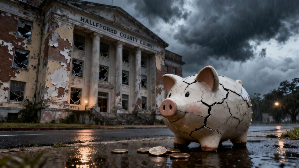 Hillsborough County courthouse, cracked piggy bank, budget crisis